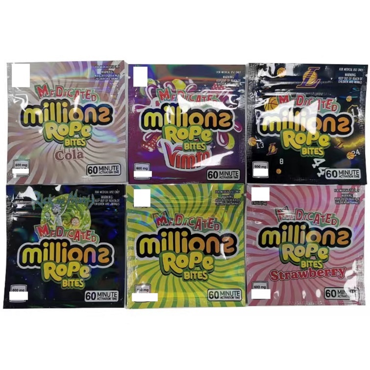 

Millions ROPE bites 600mg Empty Gummy Sugar packing Bag Plastic Edibles retail packaging 6 styles Smell Proof Bags wholesale