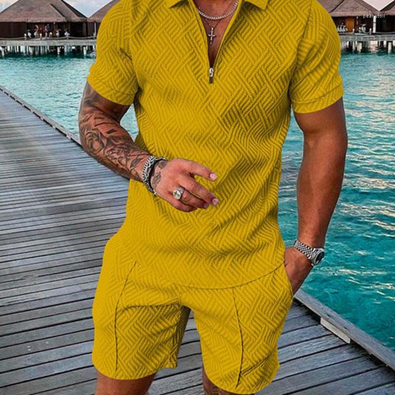 

Men' Tracksuits Men' Suit Set 3D Solid Color Print Summer Short Sleeve Polo Shirt Shorts Fashion Zipper Two Piece Men, Kz-p2046