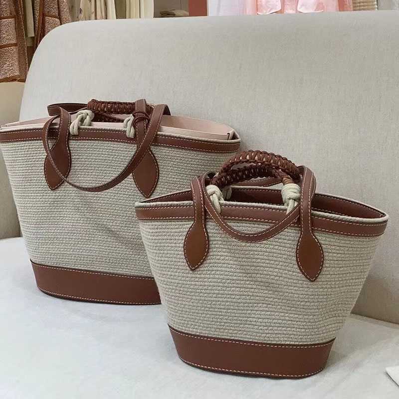 

LP Handmade Woven Vegetable Basket Bag New Lafite Grass Combination Cowhide Shoulder Bag Holiday Beach Bag loro piana Women shiping bags, Brown large size