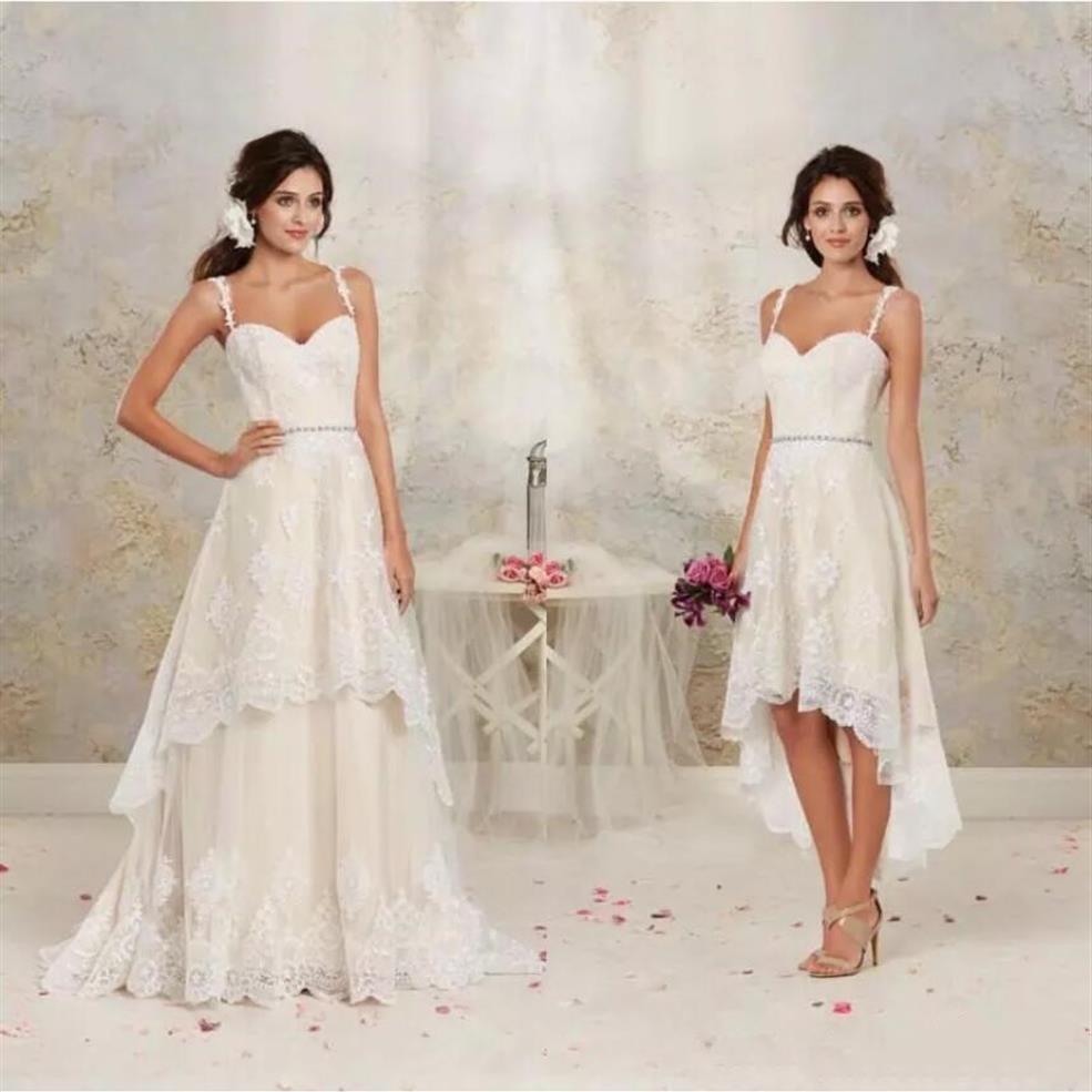 

2020 Lace Wedding Dresses Detachable Skirt Short Appliques Bridal Gowns Spaghetti Straps Crystal Beaded A Line Wedding Dress275q, Pink
