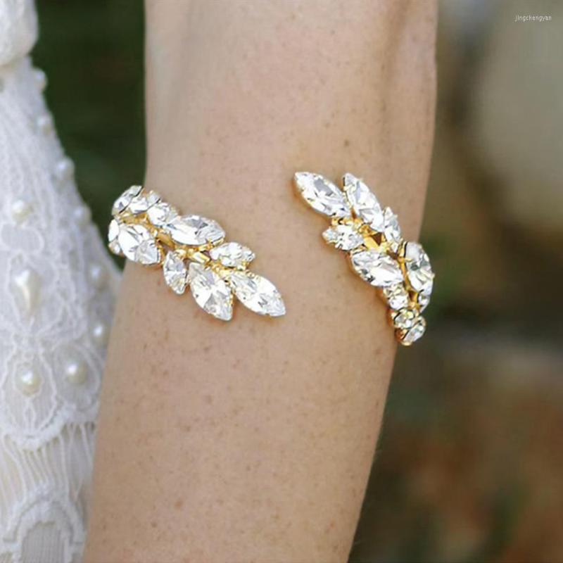 

Bangle Gorgeous Rhinestone Bridal Open Leaf Bracelet Arm Ring Wedding Jewelry For Women Elegant Crystal Upper Cuff Body Bangles