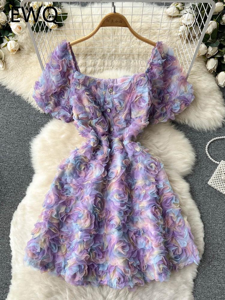 

Dresses EWQ Women's Broken Flower Aline Dress Vestido Temperament Slim Clothing Ladies Sweet Korea Chic Girl's Summer 2023 SM3337, Purple