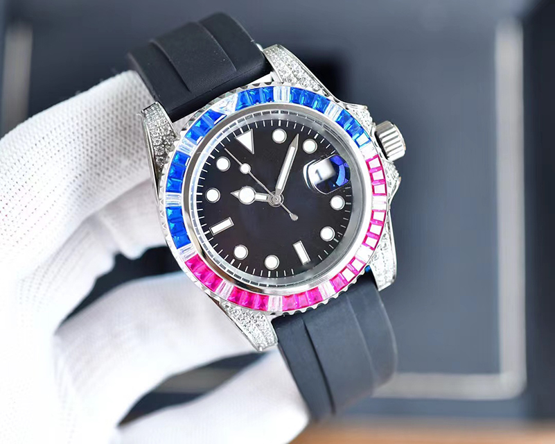 

2023 Casual Watches Original Automatic Movements Rubber Strap First Quality Sapphire mirror Men-watch Colorful Diamond Decoration Watchcase, Diving function