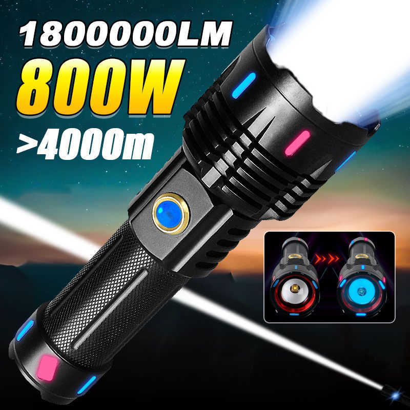 Flashlights Torches 800W High Power Led Flashlights 18650 Fluorescence World's More Powerful Flashlight 4000m Rechargeable XHP360 Tactical L-image-866385534