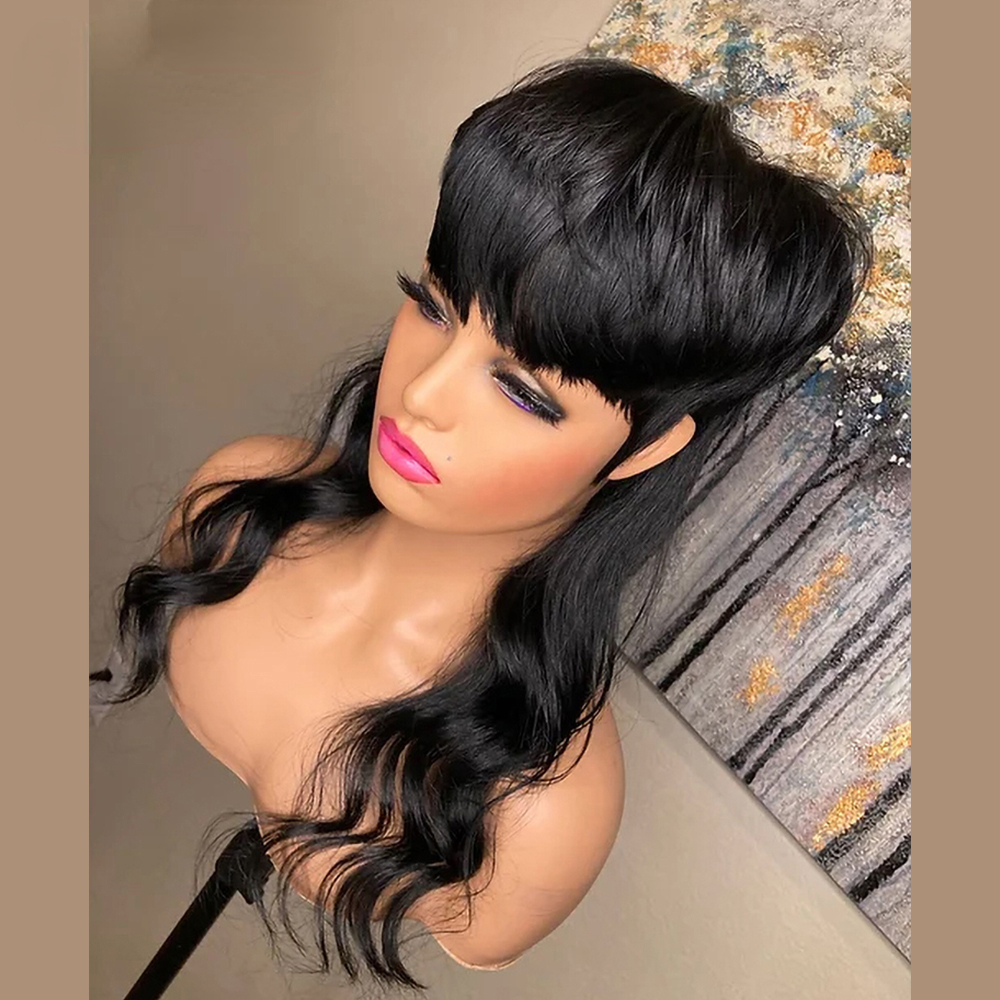 180Density Brazilian Human Hair Short Wig With Bangs Body Wave Glueless Full Lace Front Wigs For Women Pixie Cut Wigs