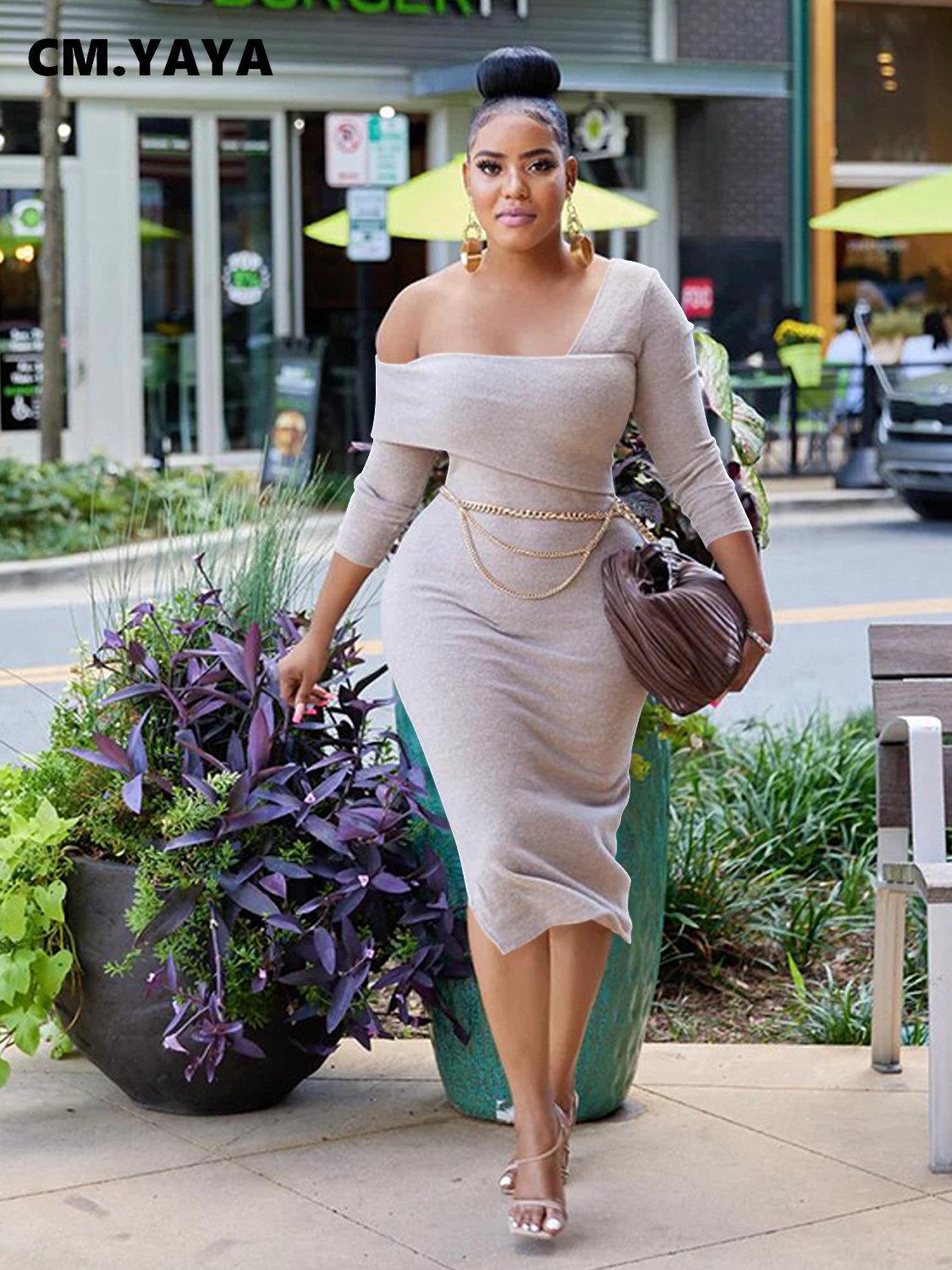 

Dresses CM.YAYA Fashion Women Off Shoulder Skew Neck Draped Bodycon Midi Dress Autumn Winter Long Sleeve Party Even Club Prom Vestidos, Burgundy