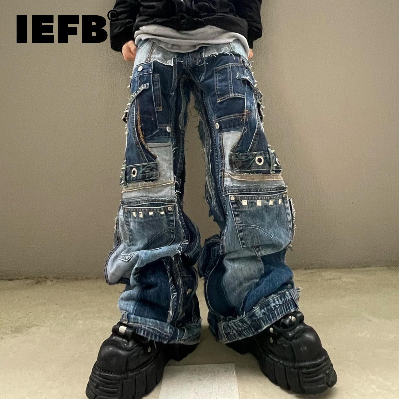 Mens Jeans IEFB High Street Menwear Patchwork Hip Hop Trendy Loose Wide Leg Pants Fashion Male Straight Denim Trousers 9A8898 230516