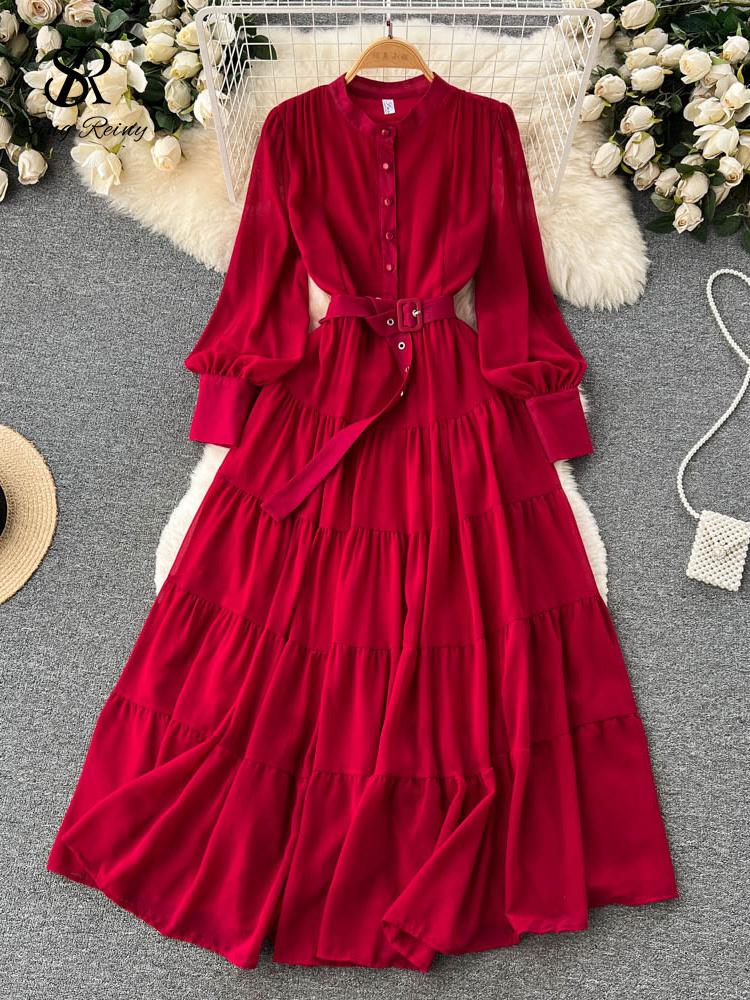 

Dresses SINGREINY Autumn Retro Beach Pleated Dress Women Lantern Sleeve French Single Breasted 2022 Fashion Chiffon A Line Long Dress, Red