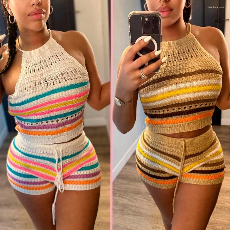 

Summer Rainbow Knitted Crop Top 2 Piece Short Pant Suits Sets Womens Outfits Clothes Crochet Backless Two Piece Set Sexy Club, White