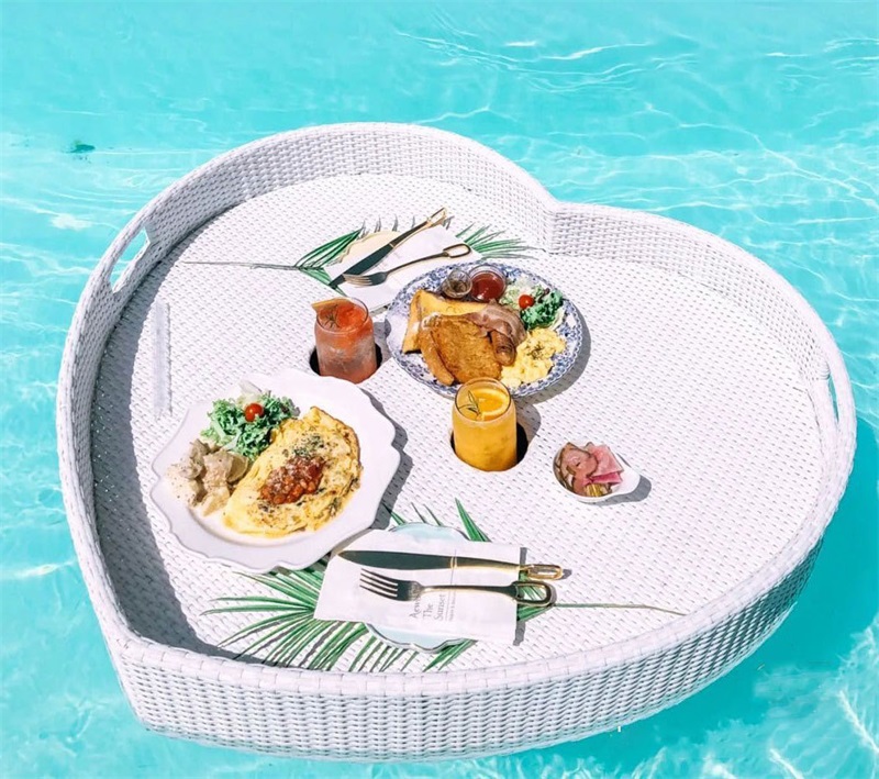 

Outdoor swimming pool floating tray big size round black white brown basket afternoon tea dinner plate femme holiday hotel useful popular lo01 C23