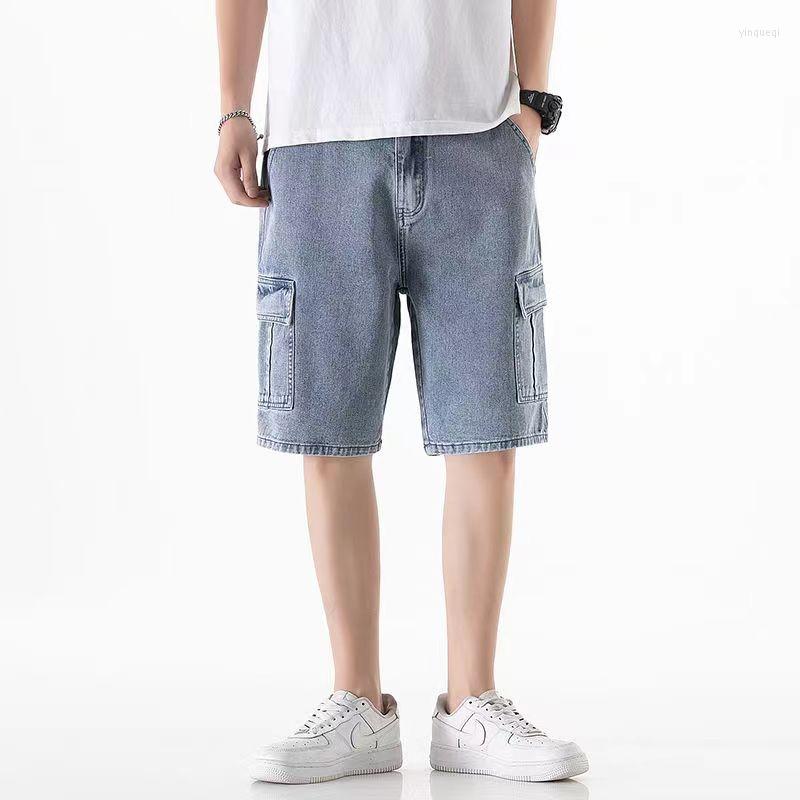 

Men's Jeans Hign Quality Y2K Cargo Jean Shorts Men Pants Big Pockets Denim Knee Length Straight Ripped Pantalones Hombre Ropa, Light blue 1pocket