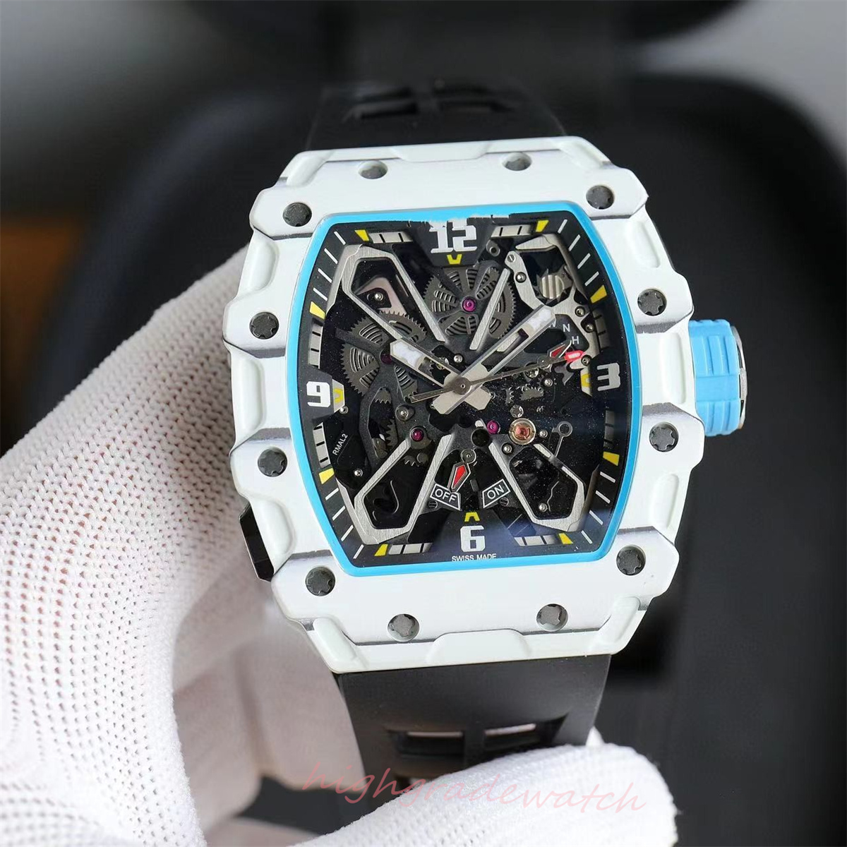 

ZY New RM35-03 White NTPT Carbon fiber ultra-thin ultra-light rubber strap Sapphire mirror mens watches, As shown