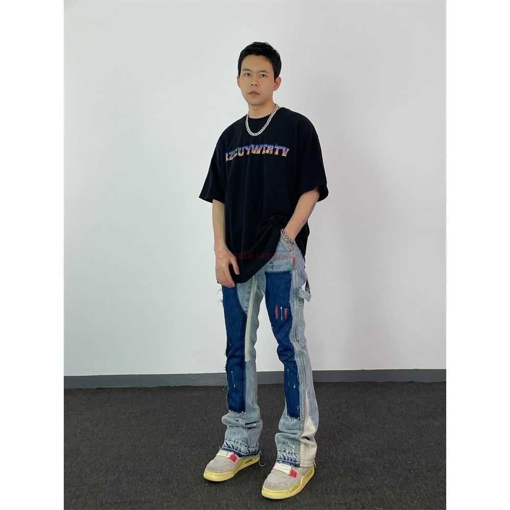 

Fashion Designer Clothing Galleries Denim Pants Galleryes Depts Same Pant with Ink Splashing Color Contrast Structure Flared Pants Fog Floor Down Straight Jeans 23, Contrast stitching blue