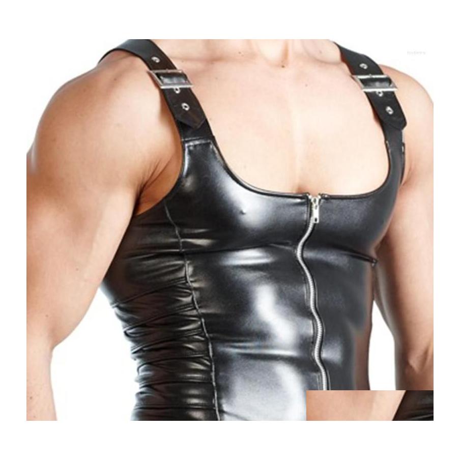 Men'S Body Shapers Mens Sexy Men Underwear Sleeveless Open Crotch Faux Leather Zipper Bodysuit Shorts Jumpsuit Drop Delivery Apparel Otyxm