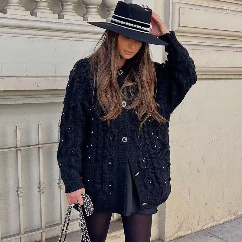 Femmes Tricots Ardm Élégant Rework Nail Perle Forage Noir Cardigans À Manches Longues Mode Bijoux Bouton Vintage Hiver Pull Femmes Top
