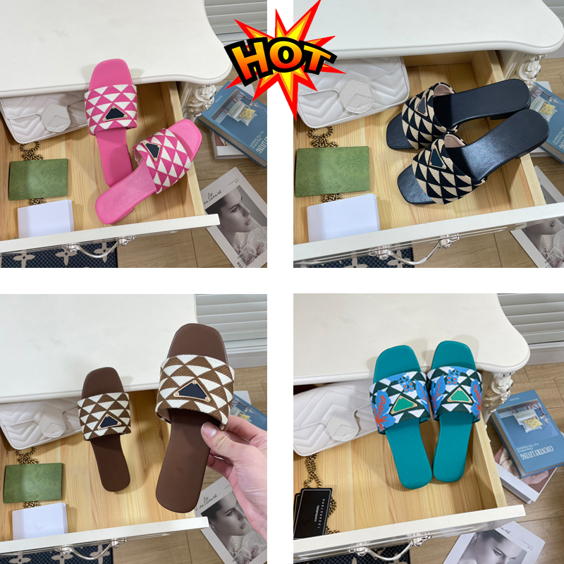 

2023 Beige luxe flat slide slippers slip on fabric sandals floral embroidered open toe shoes luxury designer for women holiday flats sandal factory footwear 35-40