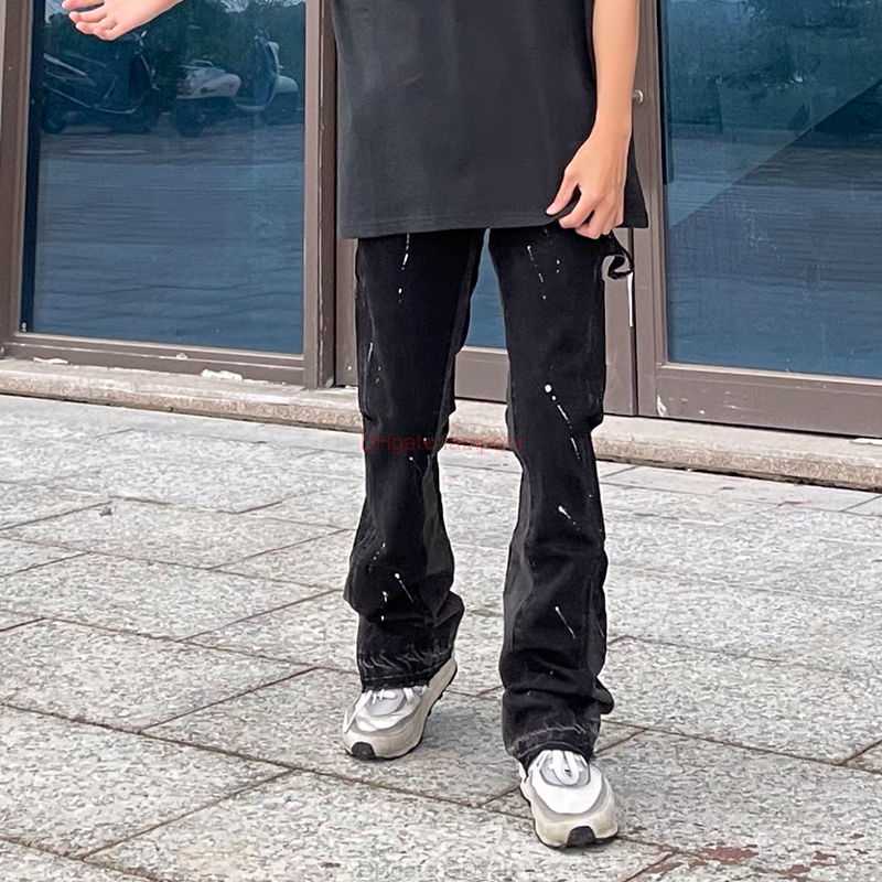 

Fashion Designer Clothing Galleries Denim Pants Galleryes Depts Heavy Industry Speckled Ink Graffiti Micro Horn Structure Spliced Jeans Vibe Junior Pants Rock Hip, Black