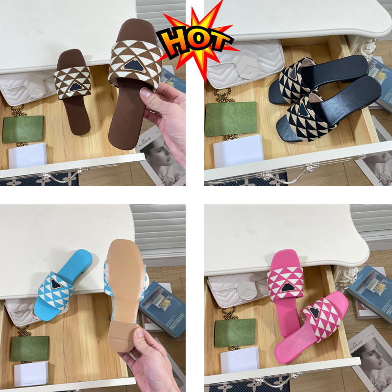 

2023 Fashion sandals designer luxury slippers Raffia Embroidered Flat Mules Black Pink Pine Green Sky Blue Fuchsia summer women slipper beach slides shoes size 35-40