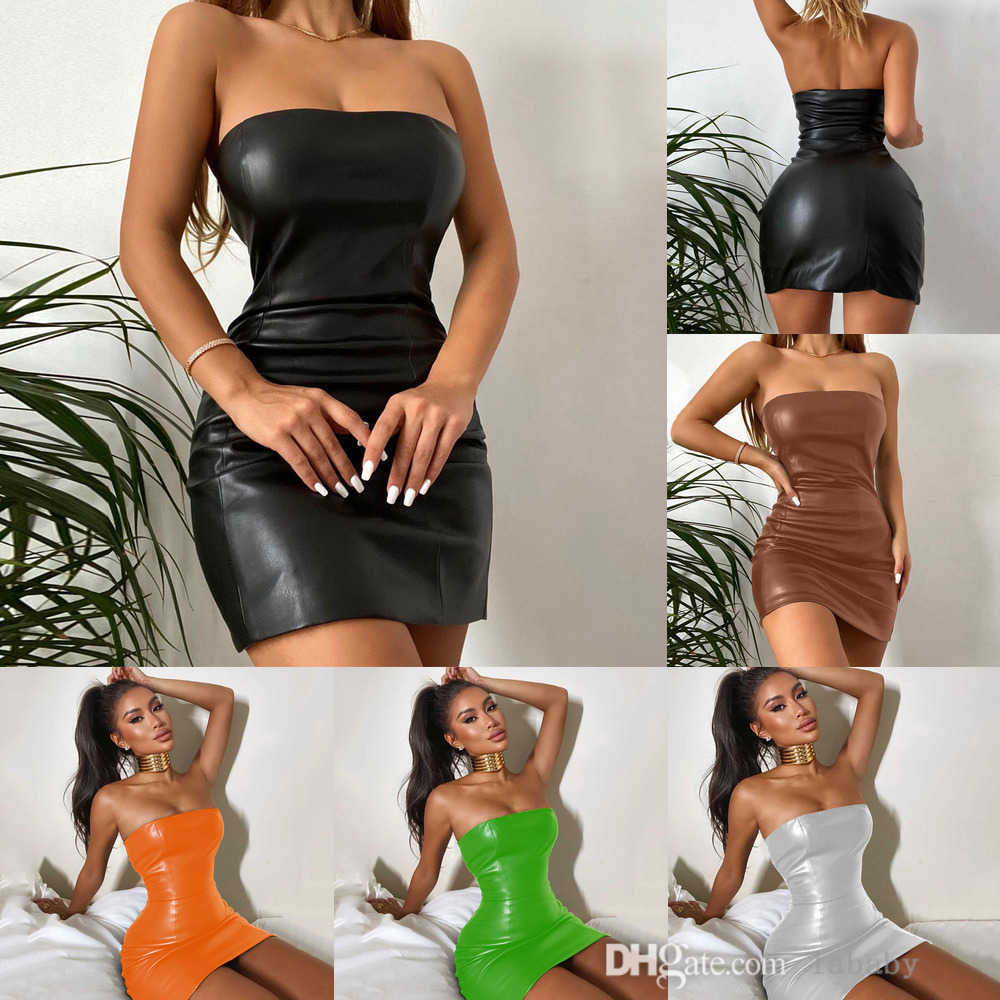 Fashion Summer Dress Sexy Bra Off Shoulder Backless Slash Neck PU Leather Skirt Casual Dresses For Woman