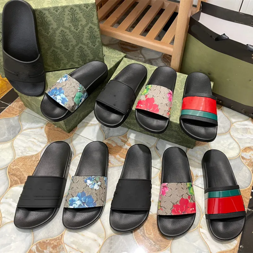 

Size 36-48 Slippers For Men Women Fashion Luxury Floral Striped pantoufle Summer Rubber Fabric Flats Flip Flops Sliders Hot Designer Slides sandales Beach Shoes, 32