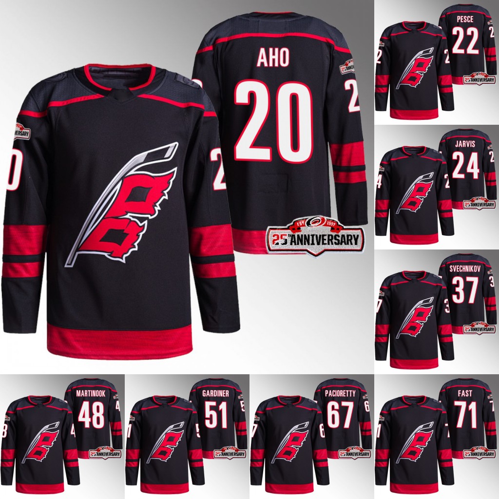 

2023 Hurricanes Hockey jersey Sebastian Aho Jerseys Brett Pesce Andrei Svechnikov Seth Jarvis Martin Necas Frederik Dylan Coghlan Brent Burns Antti Raanta, 25th anniversary black