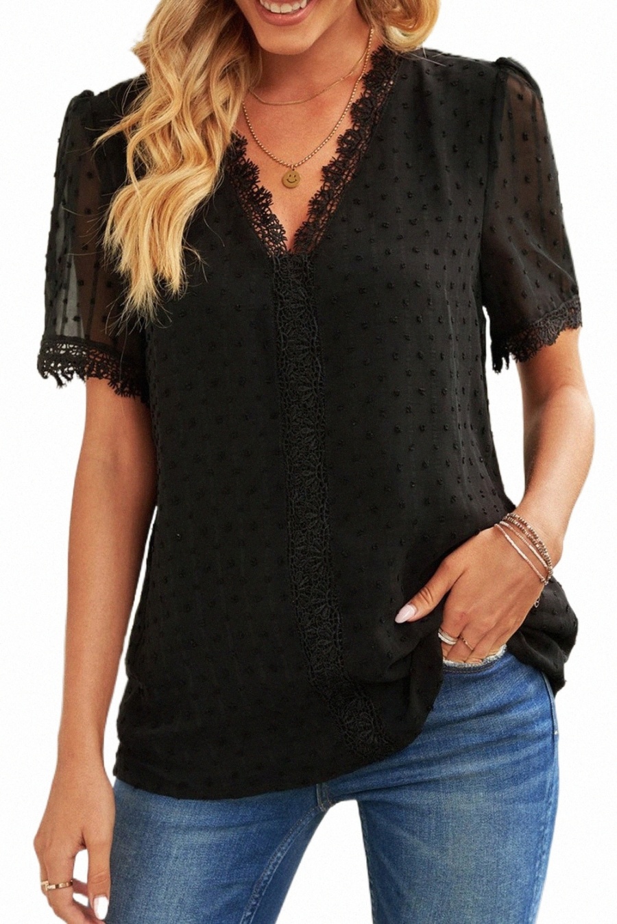 

black Lace Splicing V-Neck Swiss Dot Short Sleeve Top U0f3#, Pink lace splicing v-neck swiss dot