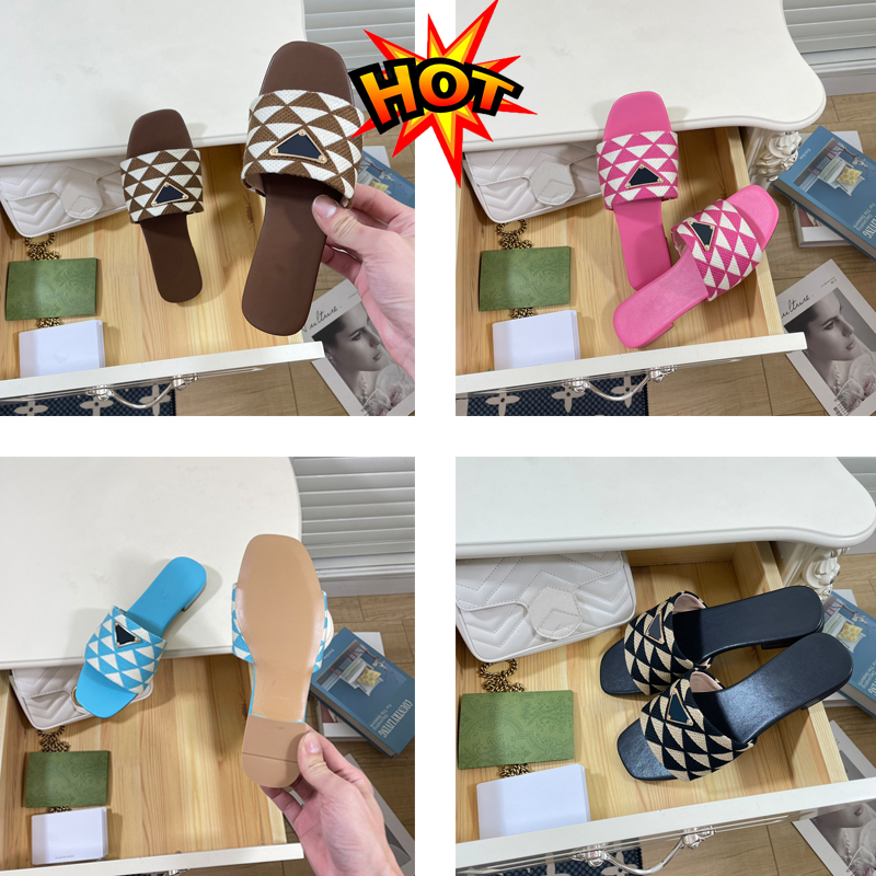 

Fashion sandals designer luxury slippers Raffia Embroidered Flat Mules Black Pink Pine Green Sky Blue Fuchsia summer women slipper beach slides shoes EUR 35-40