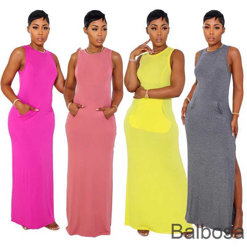 

Arrivals Womens Designer Dress 2023 Summer Casual Brief Style Crew Neck Sleeveless Mouse Pocket Body Side Split Long Dresses, L484 lotus root noodles