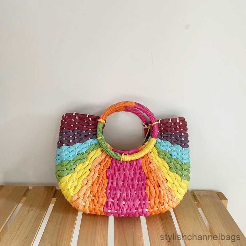 Stuff Sacks Colourful Contrasting Colors Women Hand-Woven Straw Bag Round Handle Half- Moon Shape Ladies Handbag Summer Beach Totes