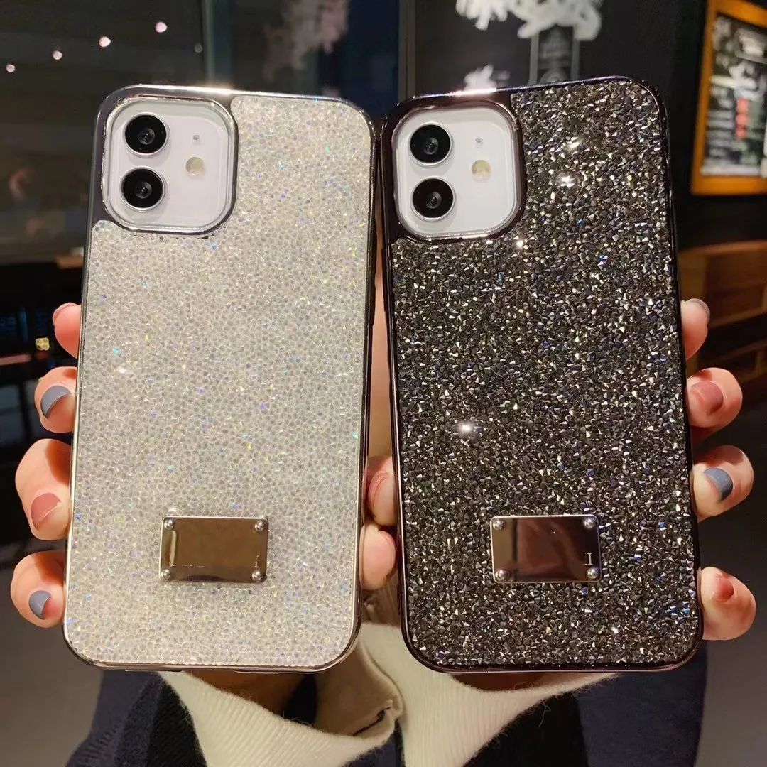 

Luxury Bling Glitter Phone Cases For Iphone 13 Pro Max i 14 11 XS XSmax XR 14pro Fashion Designer Plating Rhinestone Diamond Women Soft Silicone Sexy Girly Back Cover, Black