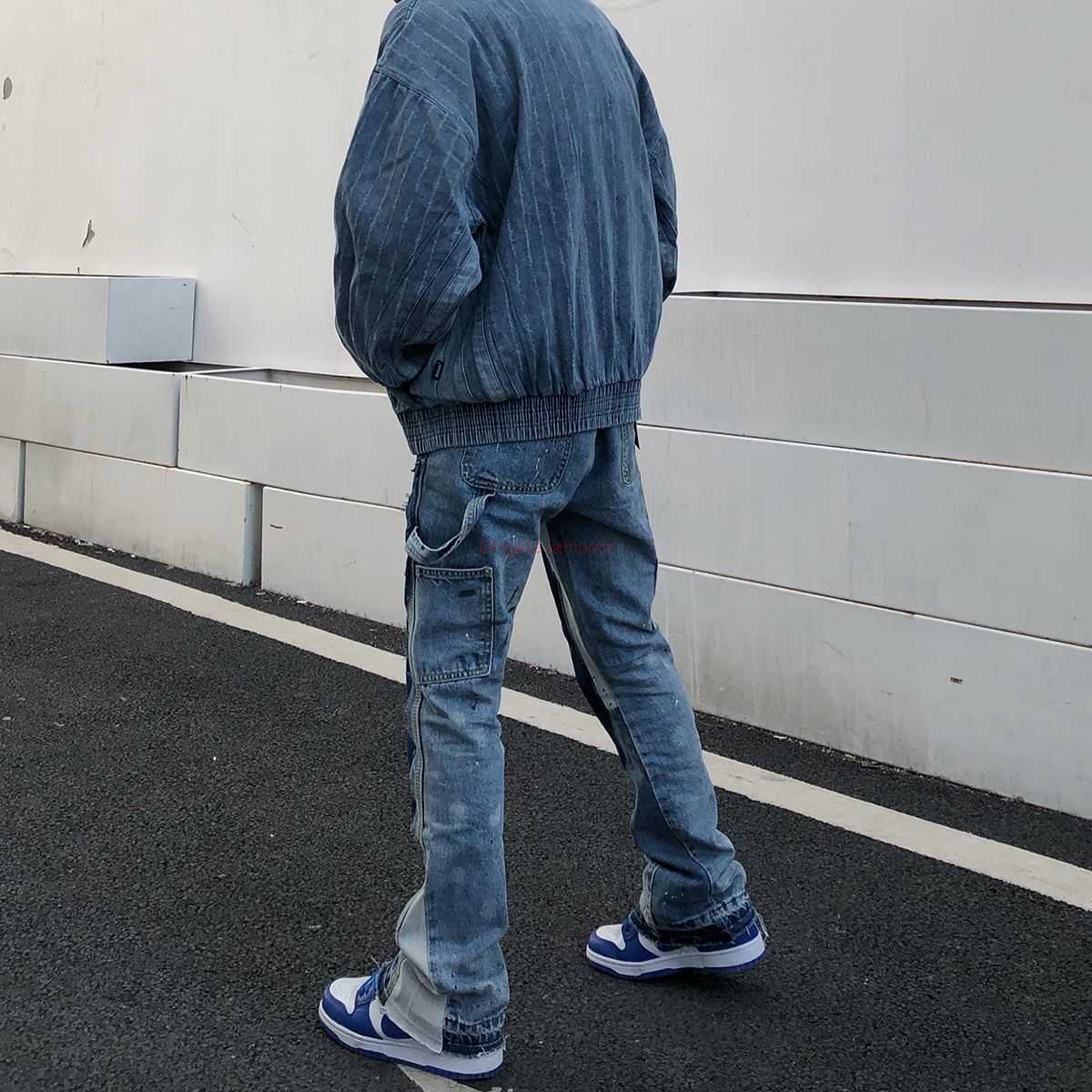 

Fashion Designer Clothing Galleries Denim Pants 22lab High Street Stitching Deconstructs Micro Flared Pants Galleryes Depts Ink Splashing Graffiti Wash Jeans, Blue
