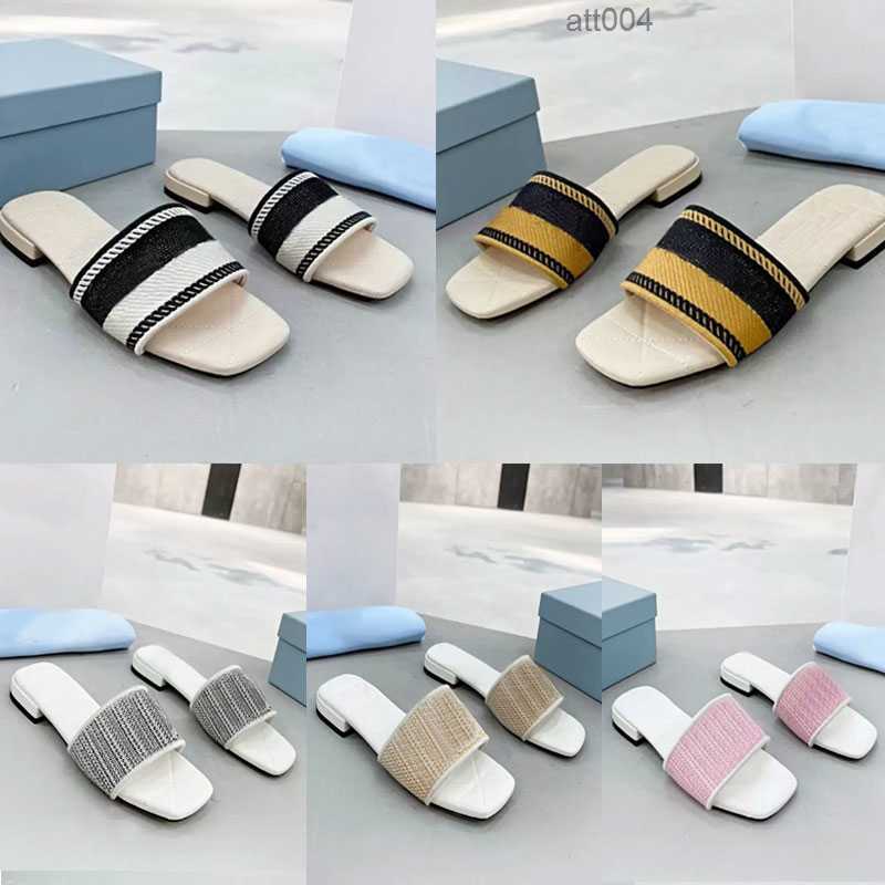 

Designer Women Slippers Embroidered Sandals Fabric Triangle Slides Mules Knitted Slipper Womens Home Flip Flops Casual Summer Leather Flat Slide Rubber Sole