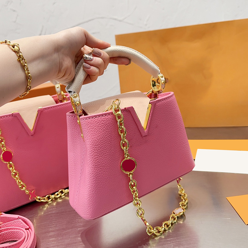 

Womens Designer Pink Capucines BB Bags Top Handle Totes Gold Metal Hardware Chain Underarm Purse With Removable Strap Crossbody Shoulder Handbags 20X14CM/27X18CM, Box