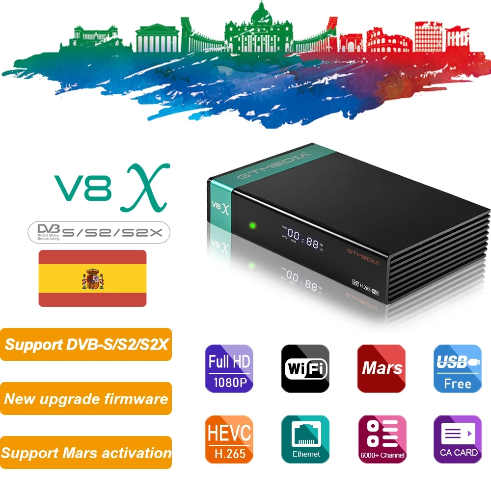 

Freeshipping Receptor V8X HD 1080P DVB-S2/S2X Europe 5 Lines for 1.5 Year Spain Built Wifi update from V8 NOVA Satellite Receiver Box