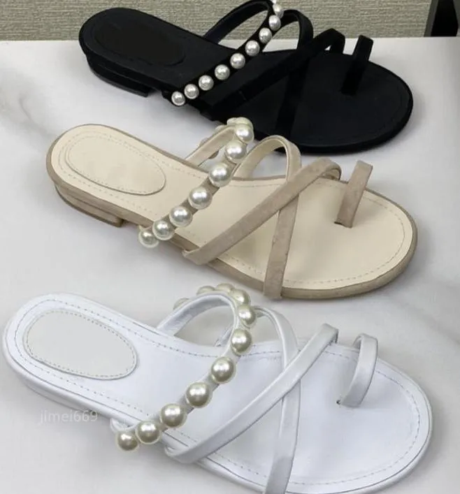 

2023 New Sandals Cross strap combination women's slippers pearl flat sandals Simple and elegant design solid color Clip toe flip flop sliper fashion versatile