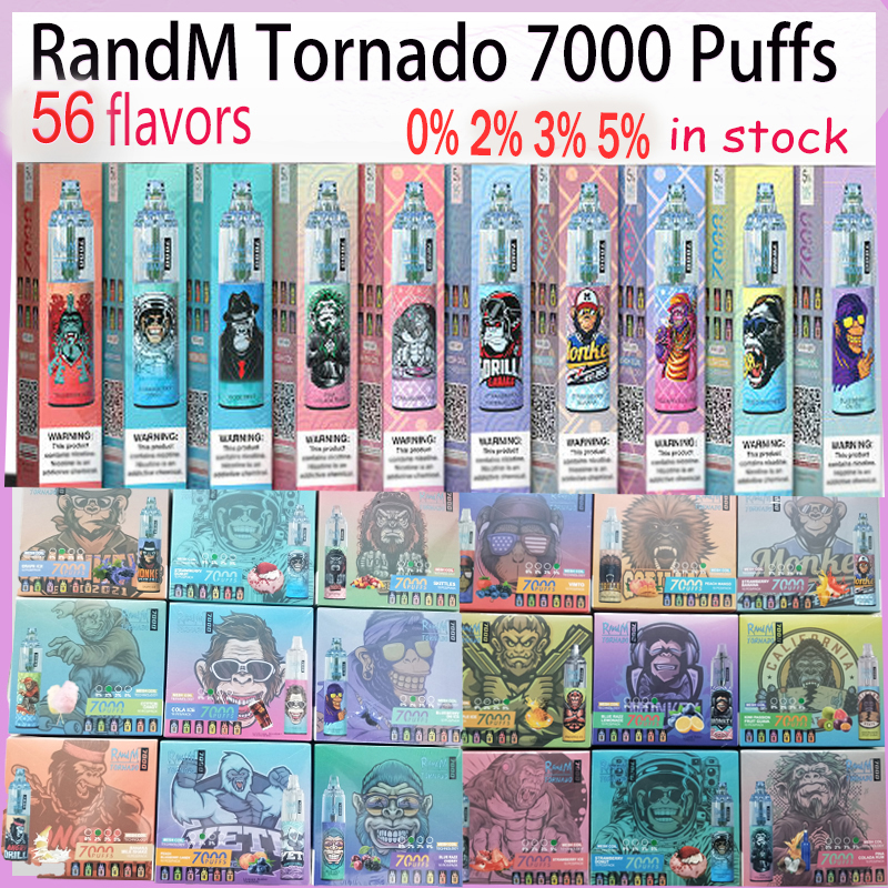 

Authentic RandM Tornado 7000 Puffs Disposable Vape Pod Device Powerful Battery 0% 2% 5% 14ml Prefilled Cartridge RGB light Vape Pen Kit 56 Colors