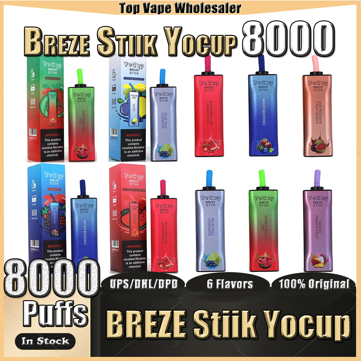 

Original Breze Stiik Yocup 8000 Puffs E Cigarettes 2%/5% Mesh Coil Disposable Vape Pen With 400mAh Rechargeable Battery 17ml VS Breeze Pro Edition 2000 RandM 7000