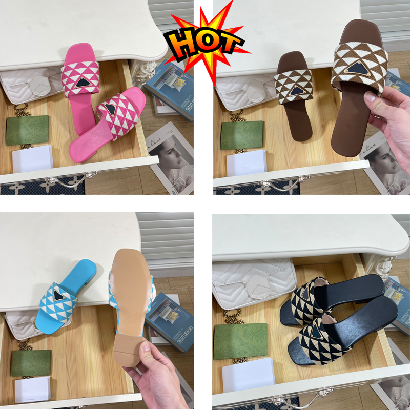 

2023 Fashion sandals designer luxury slippers Raffia Embroidered Fabric Flat Mules Black Pink Pine Green Sky Blue Fuchsia summer women slipper beach slides shoes