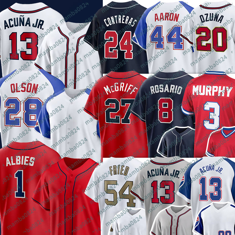 

13 Ronald Acuna Jr Baseball Jersey Matt Olson Ozzie Albies Eddie Rosario Hank Aaron Marcell Ozuna Sean Murphy Austin Riley Chipper Jones Murphy Max Fried Joe Jimenez, Youth(yong shi)