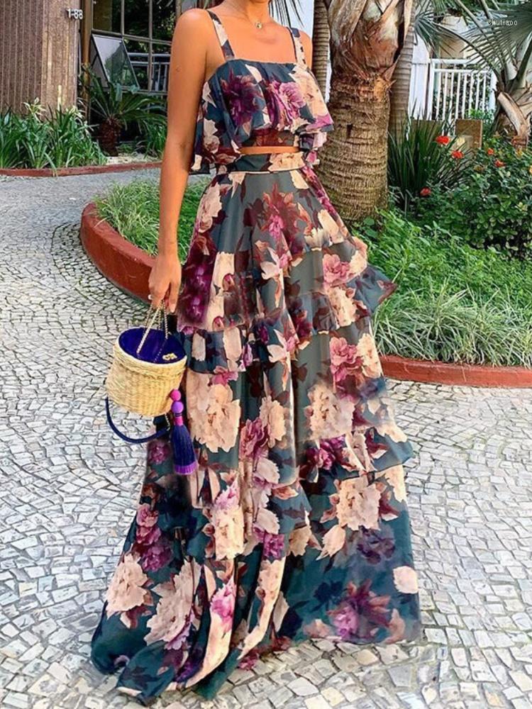 

Work Dresses Sexy Dress 2023 Summer For Women Fashion Floral Top Suspender Ruffle Cake Skirt Suit Elegant Party, Mixed color