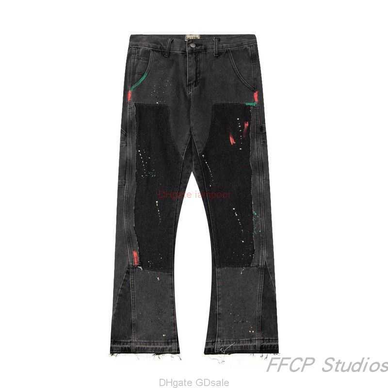 

Fashion Designer Clothing Galleries Denim Pants Galleryes Depts Deconstructed Splice Speckle Flare Pants High Street Casual Men's Women's Raw Edge Denim Pants 2027, Black