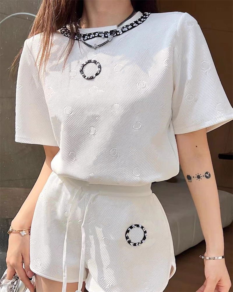 

Women's Two Piece Pants Sequin Jacquard Short Sleeve with Shorts Sports Suit Slimming Preppy Casual Two-Piece Set Black White for Summer Tracksuits