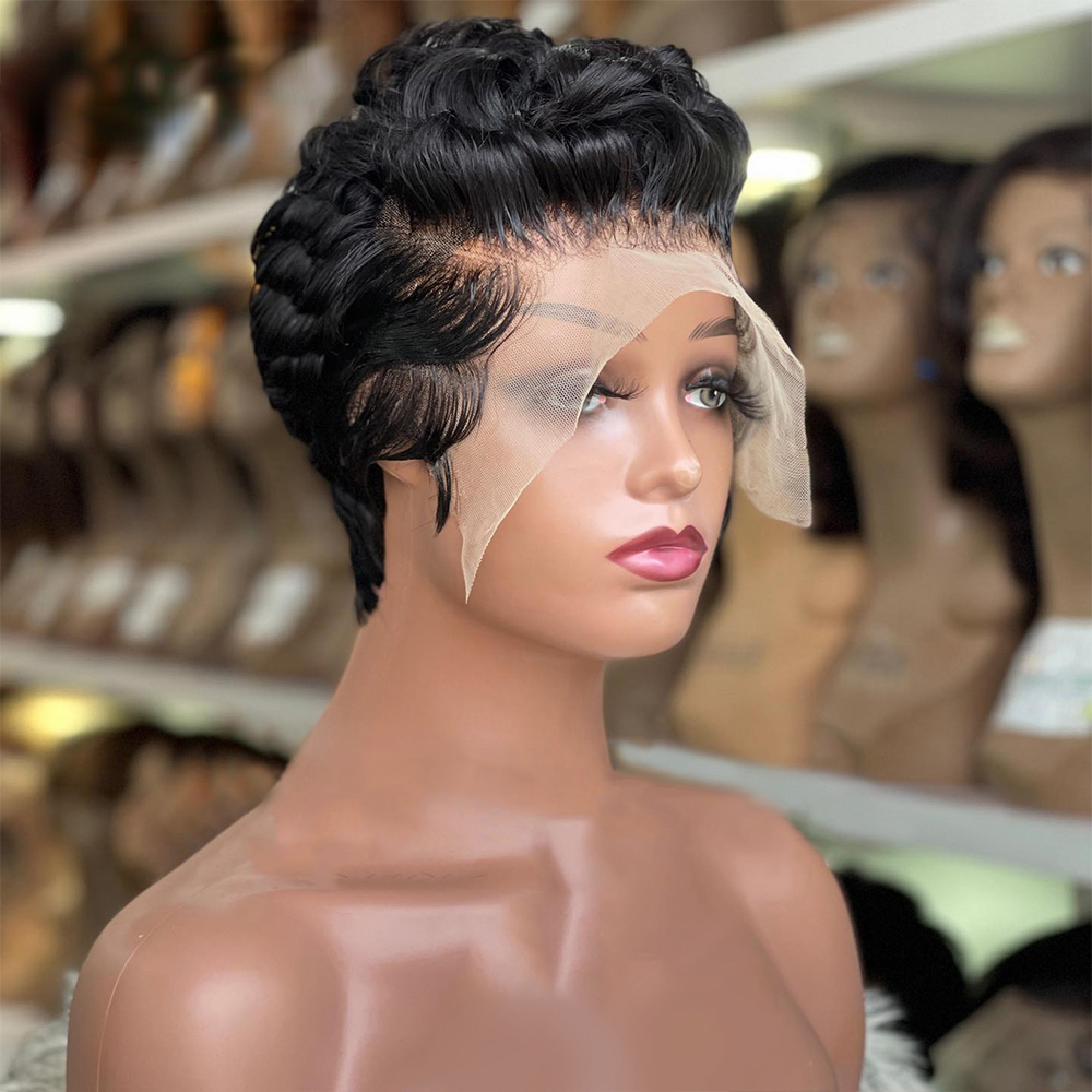 Highlight Colored Short Pixie Cut Bob Body Wave Human Hair Wigs Transparent Lace 13X4 Lace Frontal Wigs For Black Woman Brazilian Hair Brown Wig 180%