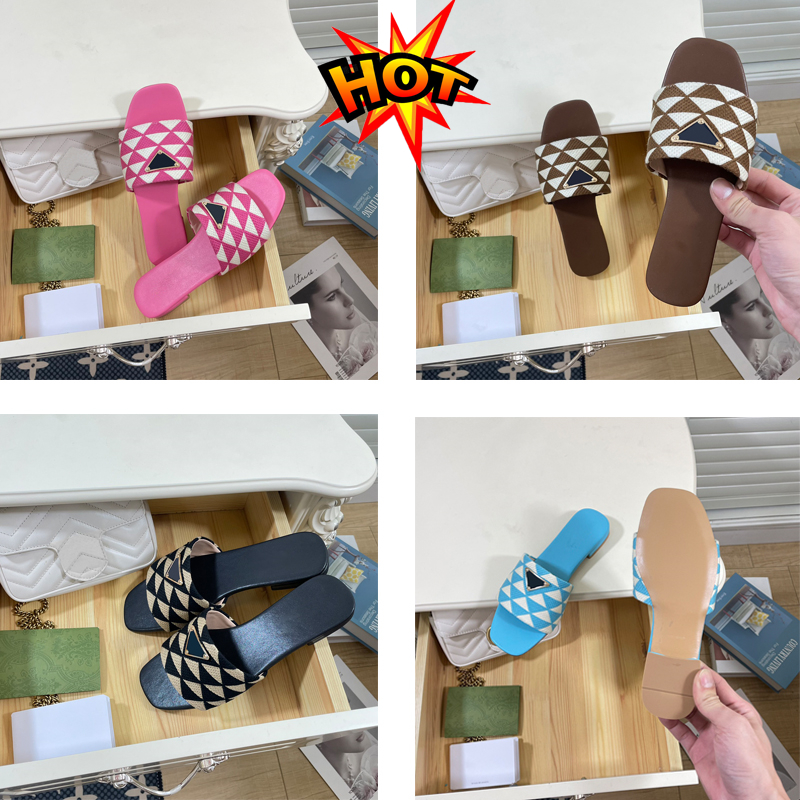 

2023 Fashion sandals designer luxury slippers Raffia Embroidered Flat Mules Black Pink Pine Green Sky Blue Fuchsia summer women slipper beach slides shoes 35-40