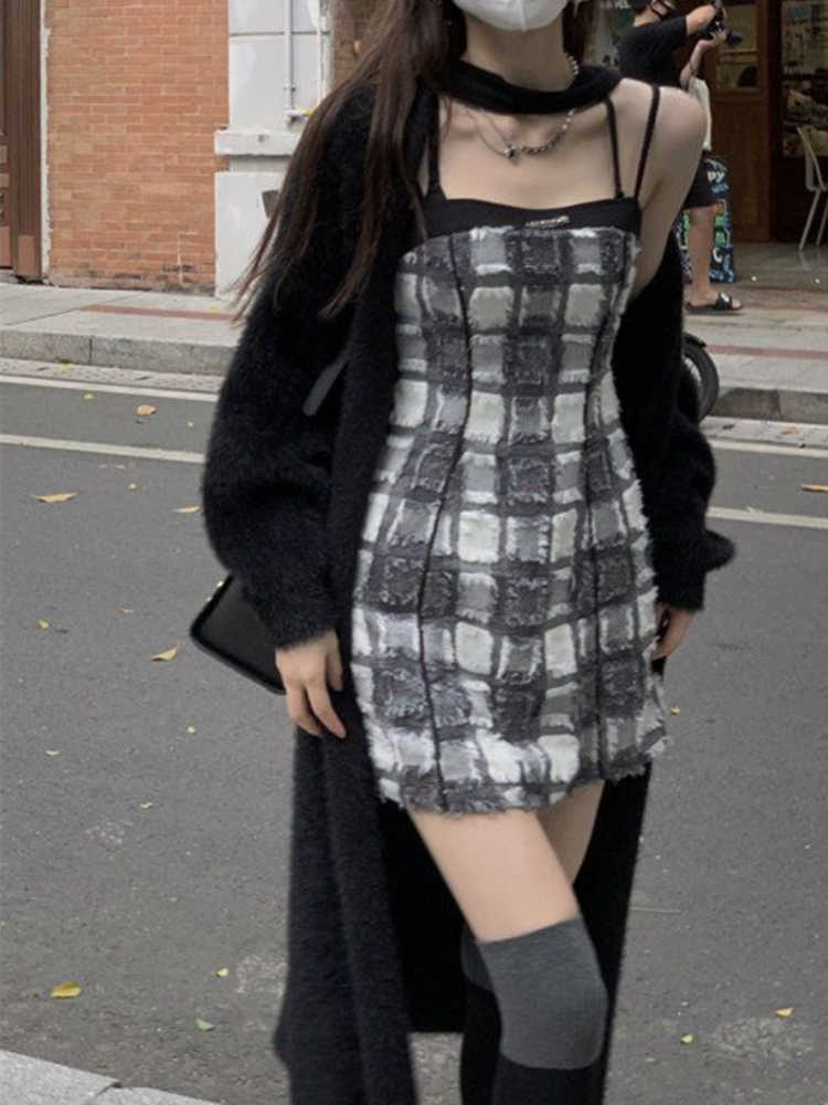 two piece dress wiinter elegant two piece dress set women korean style y2k plaid strap mini dress set female casual slim designer chic suit p2305-image-866449552