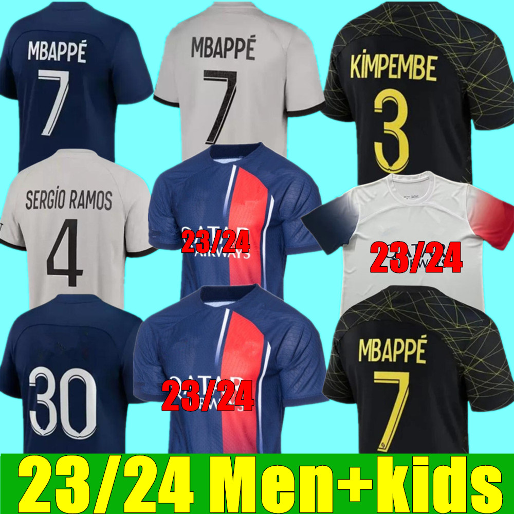 

2023 2024 soccer jerseys maillot de foot MBAPPE HAKIMI MARQUINHOS VERRATTI football shirt 22 23 24 SERGIO RAMOS psgs hommes enfants kids KIT fourth KIMPEMBE MESSIS, 22/23 adult away+league pat
