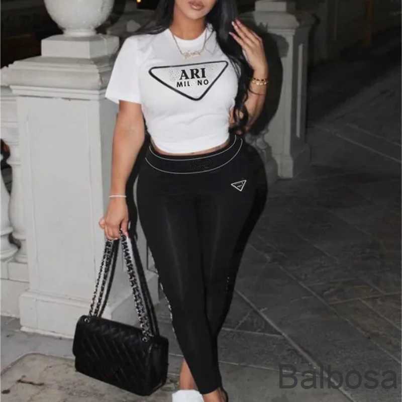 

New Arrivals Womens Designer Track Suit Casual Two Piece Set 2023 Summer Fashion Round Neck Short Sleeve LeisureTight Pants Sets, Black
