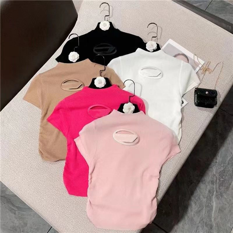 

Women Summer Short Sleeve New Design Sense Hollow Out Slim T-Shirt Female Pure Wind Sweet And Spicy Knitted Shirt Top Female, Khaki