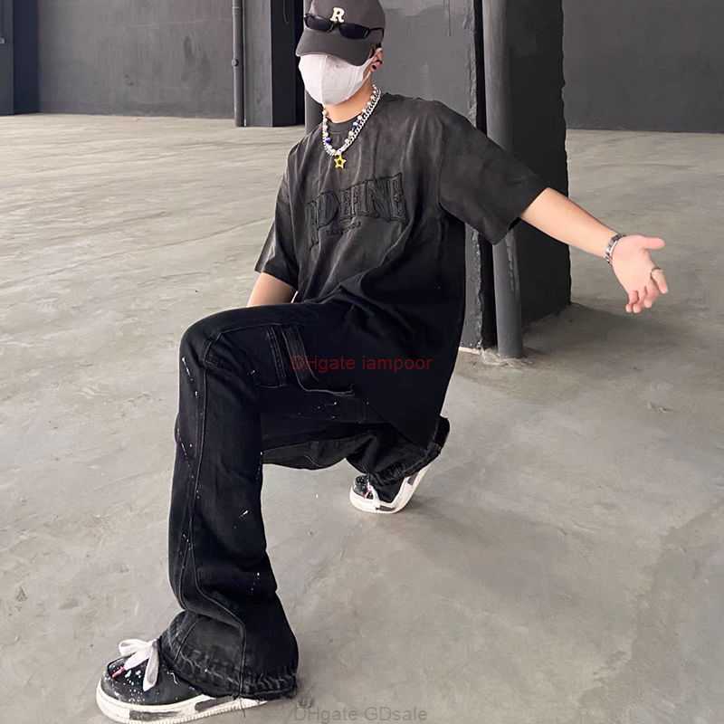 

Fashion Designer Clothing Galleries Denim Pants Galleryes Depts Heavy Industry Speckled Ink Graffiti Micro Horn Structure Spliced Jeans Vibe Junior Pants Hip hop, Black