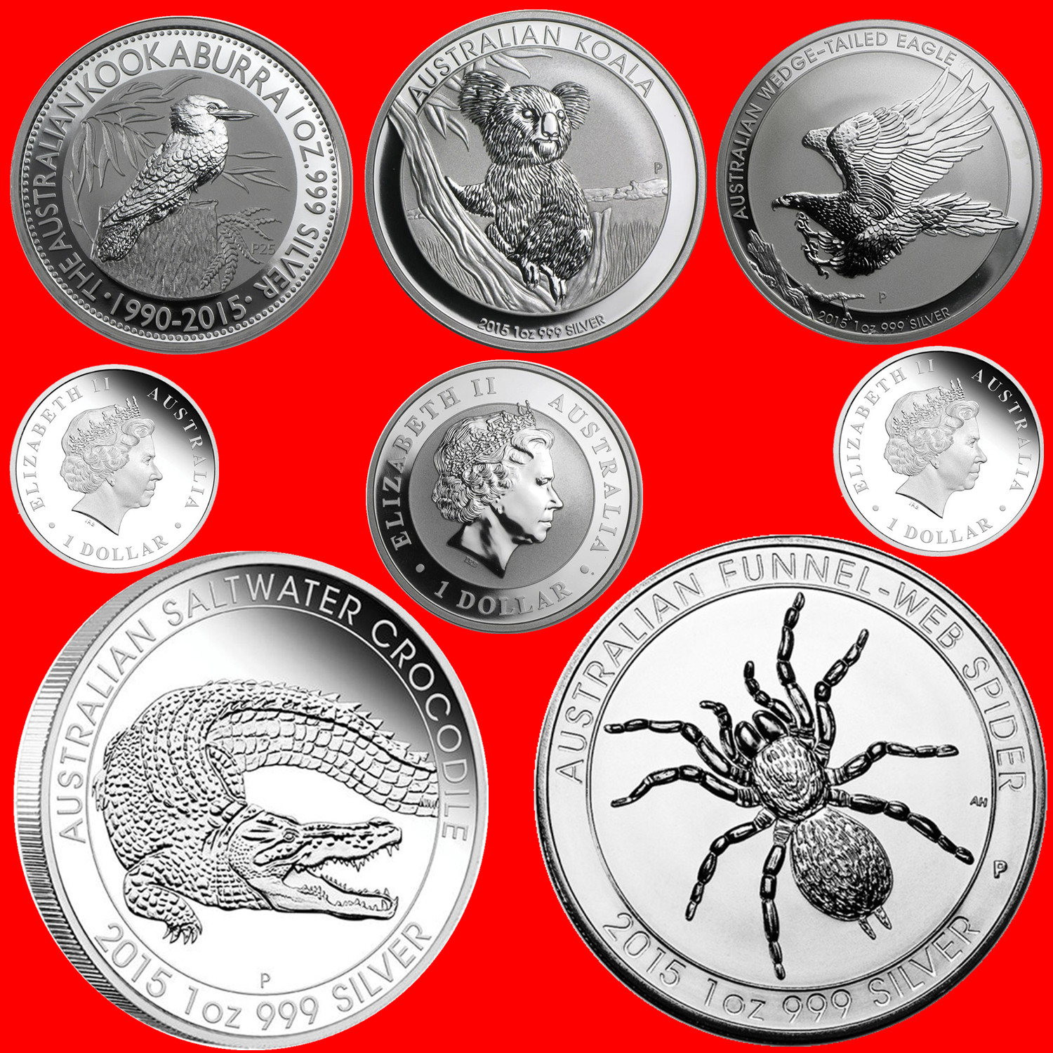 

1 oz Australian Silver Coin Spider Crocodile Kookaburra kangaroo koala Wedge Tailed Eagle Animal Commemorative Coin